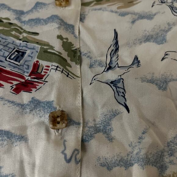 Vintage 90s 100% Silk Button Down Sleeveless Collared Shirt Beach Scene Vacation - Picture 6 of 6